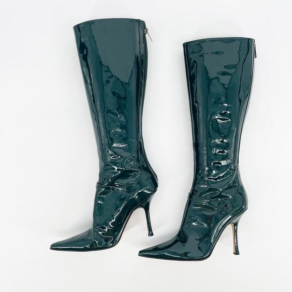 Retro Jimmy Choo Bottle Green Patent Leather Knee High Pointed Toe Boot IT 38.5 - Picture 2 of 10